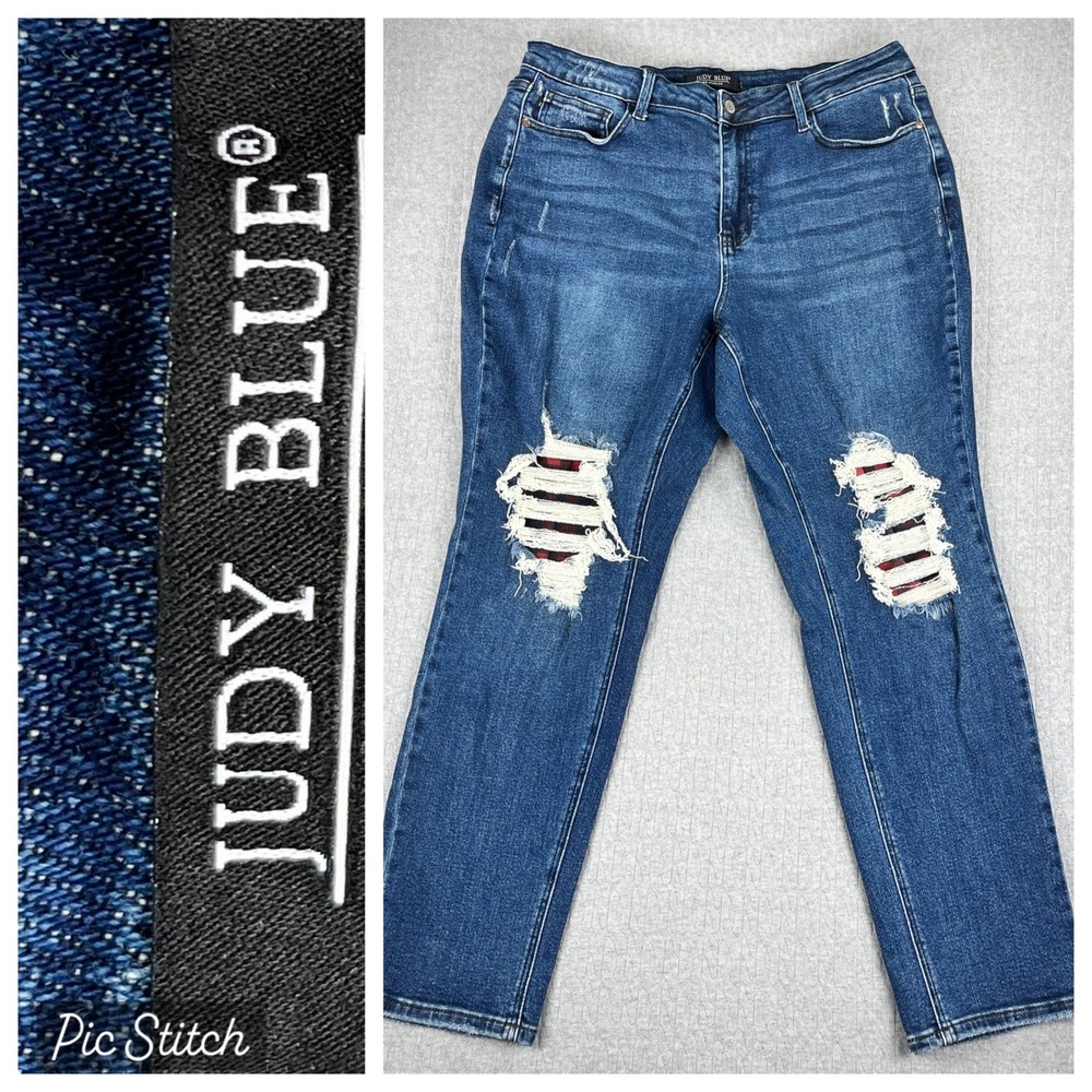 Judy Blue Jeans Women 18W/34X30 Blue Distressed Plaid Patch‎ medium wash